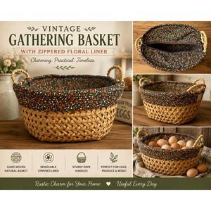 VTG Woven Egg Gathering Basket w Zippered Floral Liner Rope Handles Farm Decor
